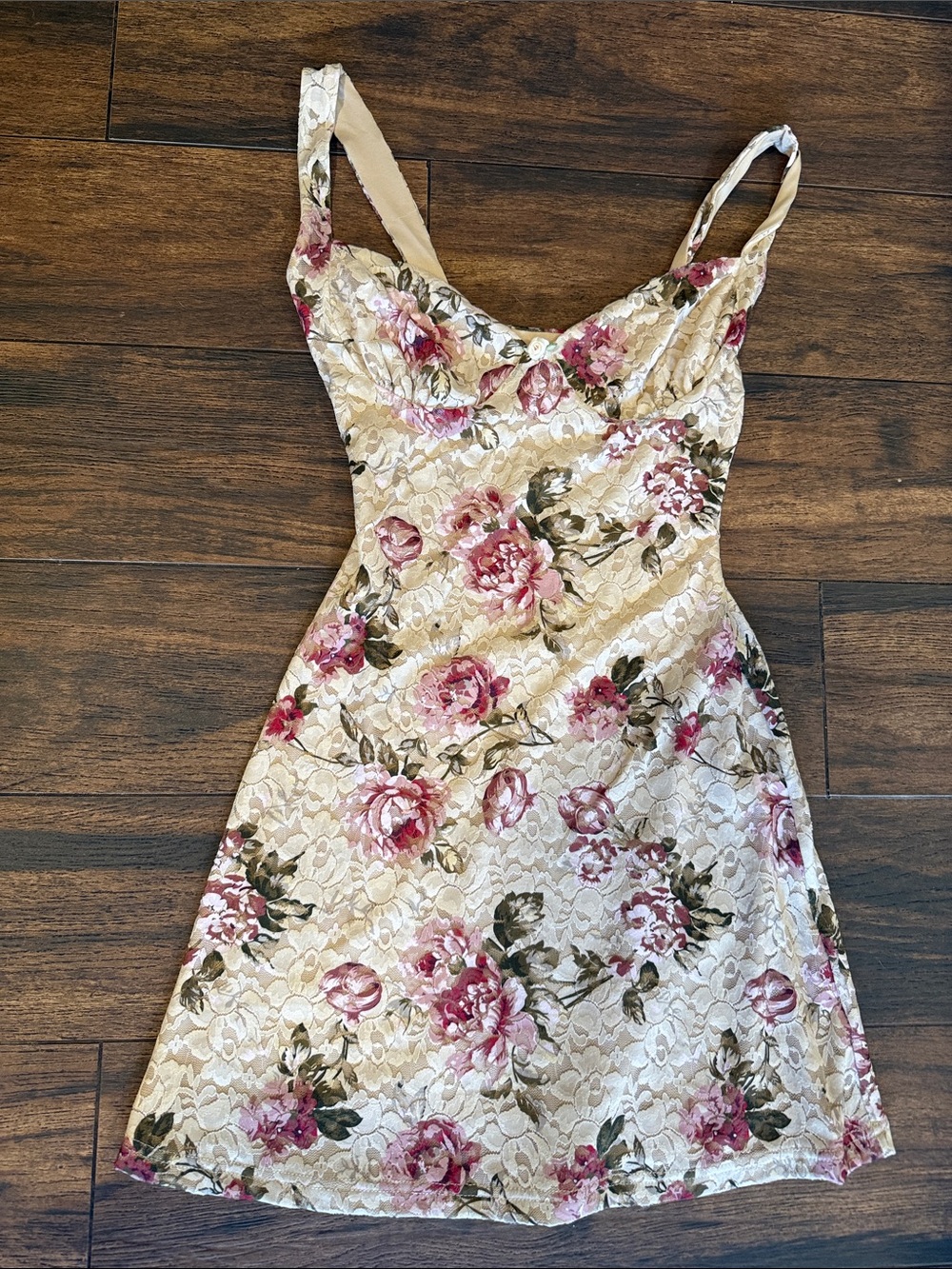Tiger Mist Cream Floral Lace Slip Dress with Pink Roses